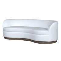 Coley Home curved sofa in white upholstery with wooden base.