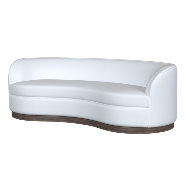 Coley Home curved sofa in white upholstery with wooden base.