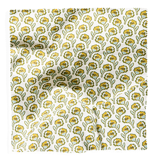 Coley Home fabric swatch with yellow floral pattern on white background. Ideal for home decor and upholstery.