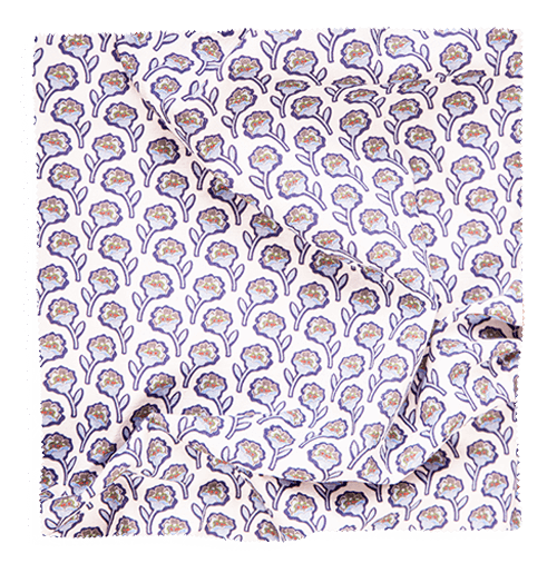 Purple patterned fabric swatch from Coley Home, featuring a peacock feather design.