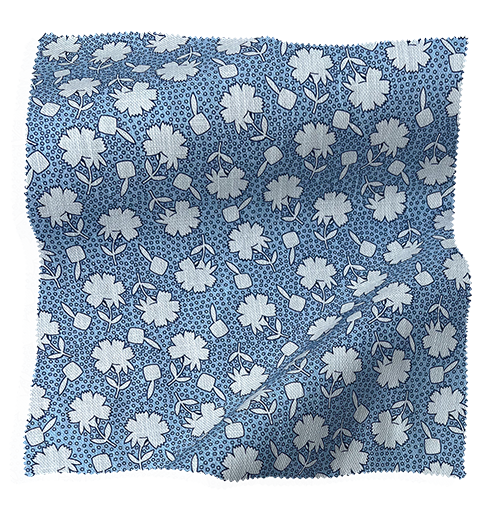 Blue floral fabric swatch from Coley Home, featuring white flower pattern on a textured surface.