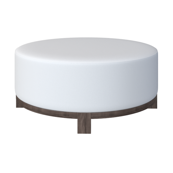 Coley Home round ottoman with wooden base in a white fabric.