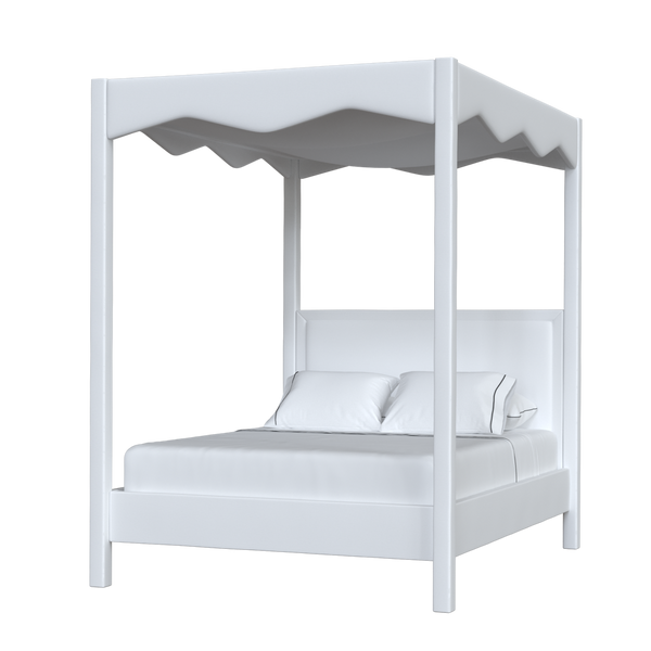Coley Home white canopy bed with scalloped details, elegant and stylish bedroom furniture.