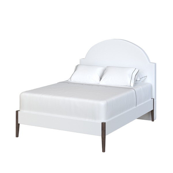 Coley Home bed with white upholstered headboard and footboard, featuring elegant metal legs.