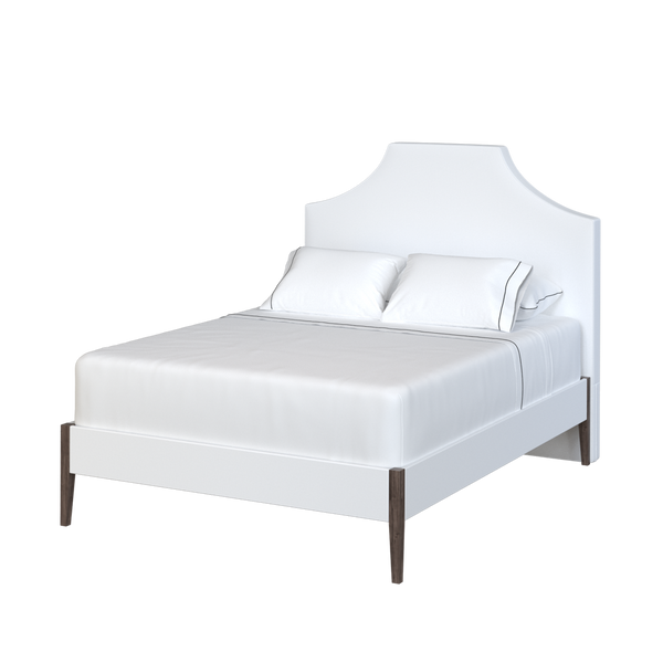 Coley Home crown bed with elegant white upholstery and stylish wooden legs.