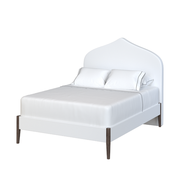 Coley Home custom upholstered bed with elegant headboard and white bedding.