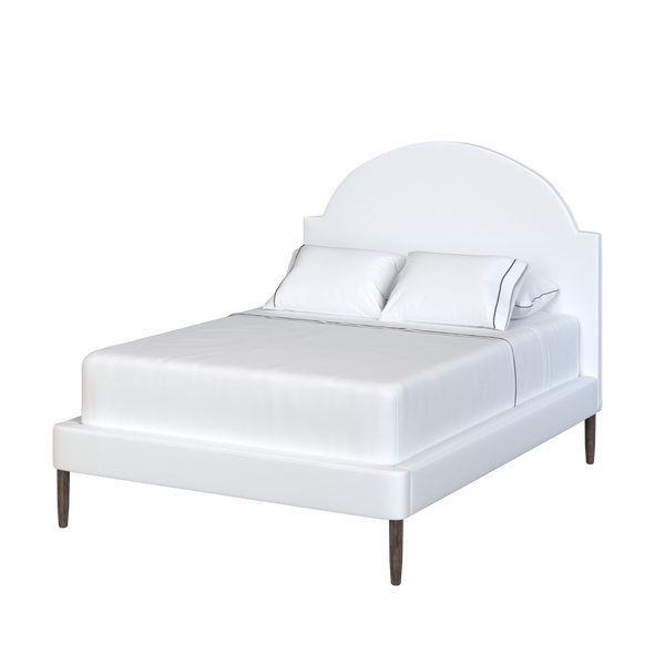 Coley Home scalloped bed frame with white fabric, elegant bedroom furniture design.