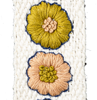 Embroidered floral fabric swatch with yellow and pink flowers from Coley Home.com.