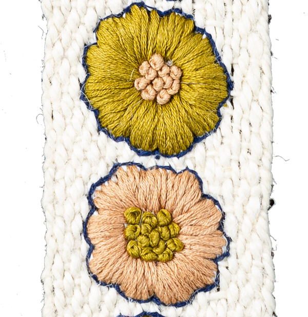 Embroidered floral fabric swatch with yellow and pink flowers from Coley Home.com.