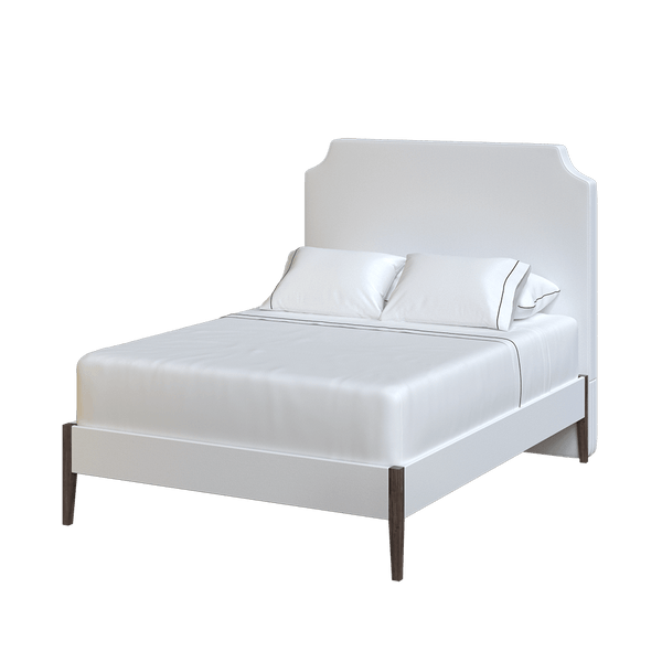 Coley Home white upholstered bed with a stylish headboard and wooden legs.