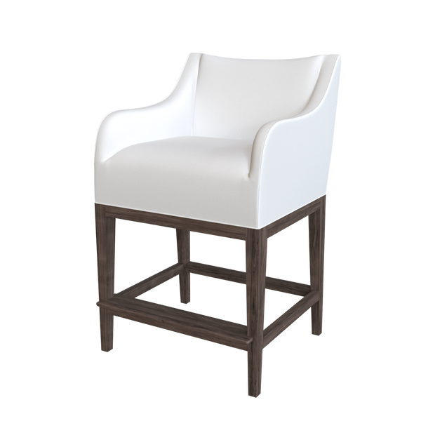 White upholstered counter stool from Coley Home with wooden legs.