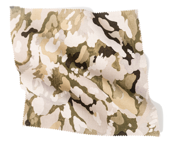 Camouflage fabric swatch from Coley Home featuring earthy tones. Ideal for custom upholstery projects.