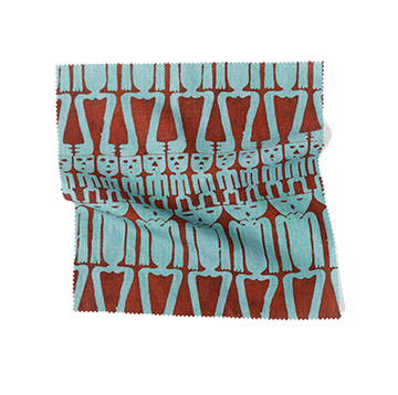 Fabric swatch featuring geometric pattern in teal and rust colors from Coley Home.com.