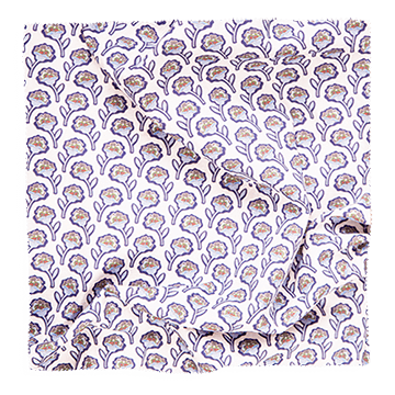 Purple patterned fabric swatch from Coley Home, featuring a peacock feather design.